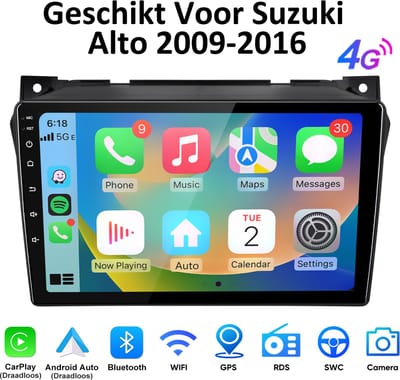 Junsun Android 15 Draadloze Andriod Auto & CarPlay Autoradio Geschikt Voor Suzuki Alto 2009-2016 - 4GB+64GB - Bluetooth - GPS Navigatiesystem - 4G LTE - 9-inch Touchscreen - WiFi - RDS - FM - 8core processor