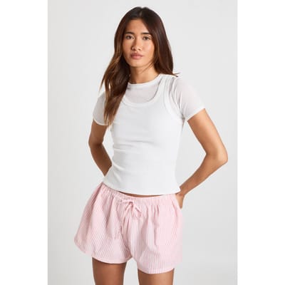 boohoo Dames Gestreepte Seersucker Shorts Met Elastische Taille | Roze | Maat: 34