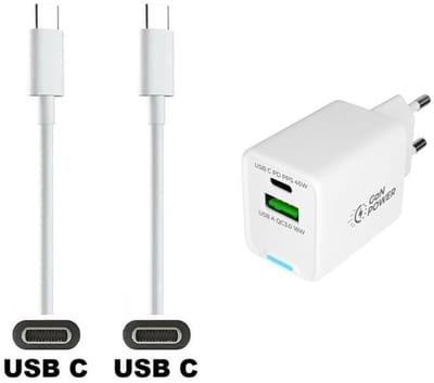 OneOne 45W super snellader met 2 poorten en screenprotector van glas voor iPhone 15 + 1,0m sterke USB C naar C kabel. Witte PD PPS lader. GaN oplader adapter. Screenprotector past op Apple iPhone 15, iPhone 16