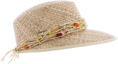 Herman pet van natuurlijk stro, afgewerkt met een raffia bandje en kralen.