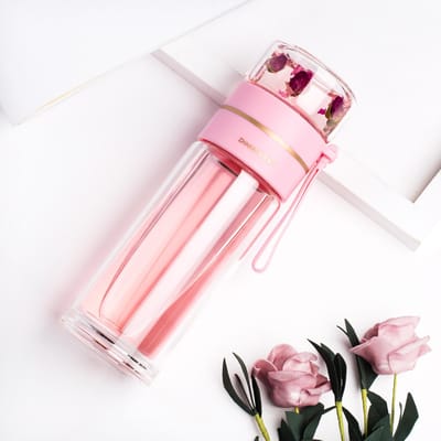 Leuke creatieve transparante bubbelthee isolatie warmwaterkruik thee water scheiding glazen thermosfles thee-infuser drinkgerei 350ml roze