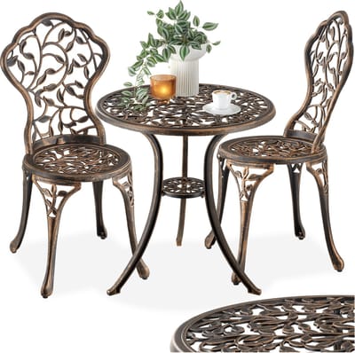 tectake® 2-Persoons Bistroset - Vintage Bistrotafel met 2 Bistrostoeltjes - Aluminium Bistro Set voor Tuin, Terras of Balkon - Weerbestendig - Bronskleurig