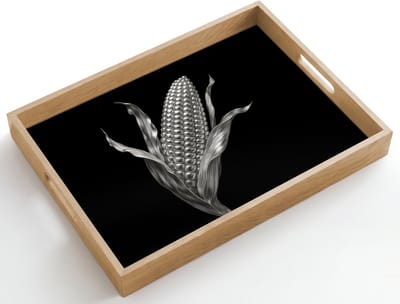 Dienblad hout 50x35 cm - Schootdienblad - Maïskolf - Glanzend metaal - Elegant - Borrelplank rechthoek - Plateau dienbladen