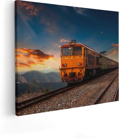 Artaza Canvas Schilderij Zonsondergang - 50x40 cm - Wanddecoratie Bergen - Muurdecoratie Trein - Kamer Accessoires Natuur