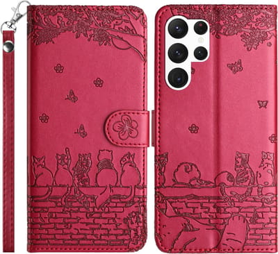 BookCover Hoes Etui geschikt voor Samsung Galaxy S25 Ultra - Rood - Katten op Muurtje - Reliëf