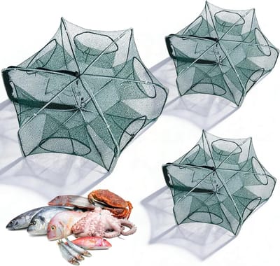 Draagbaar visnet met 6 gaten voor het vangen van garnalen en krabben, inclusief aasval en opvouwbare visreuzen voor optimale visvangst