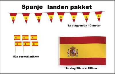 Spanje versiering pakket - Vlag Spanje 150cmx90cm (1x) - Cocktailprikkers Spanje (50x) - Vlaggenlijn Spanje 1000cm(1x) - WK voetbal festival evenement party decoratie