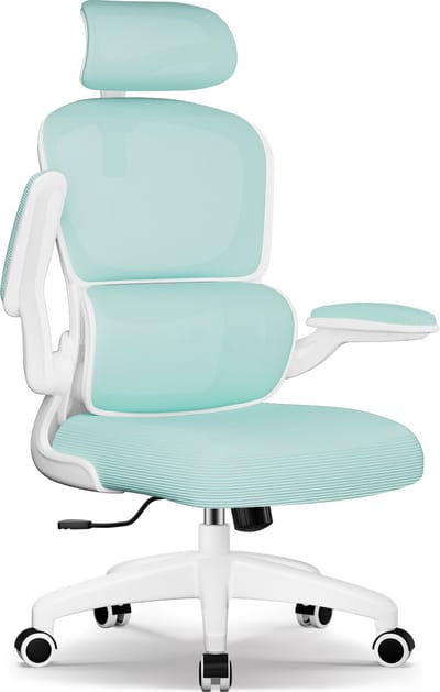 Fukstern Bureaustoel, Ergonomische Bureaustoel met Verstelbare Lendensteun en 2D Hoofdsteun – Bureaustoelen voor Volwassenen – Office Chair 135° Kantelbare Rugleuning – Belastbaar tot 150 kg – Verstelbare Armleuningen – Ademend Mesh – Cyaan