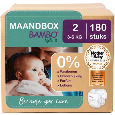 BAMBO Nature luiers - Maat 2 (3-6 kg) - 180 stuks Maandbox - 0% onnodige toevoegingen - Ideaal voor de gevoelige huid - Nordic Swan Ecolabel