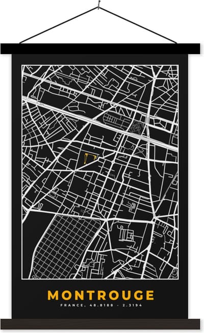 Posterhanger incl. Poster 40x60 cm - Schoolplaat - Frankrijk - Montrouge - Stadskaart - Kaart - Plattegrond - Textielposter - Zwarte latten - Stadskaart