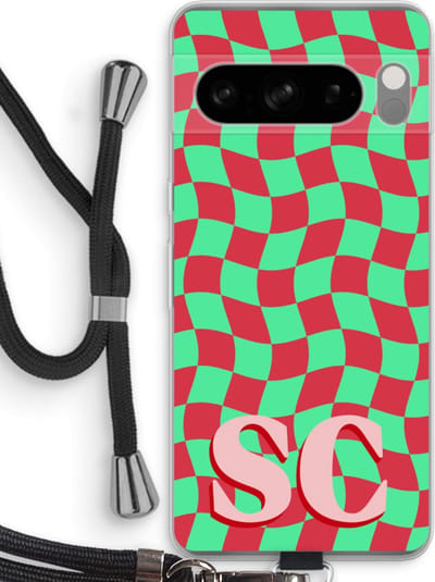 Gepersonaliseerd - Case Company® - Hoesje met koord geschikt voor Google Pixel 8 Pro hoesje met Koord - Grid Monogram - Telefoonhoesje met Zwart Koord - Bescherming aan alle Kanten en Over de Schermrand