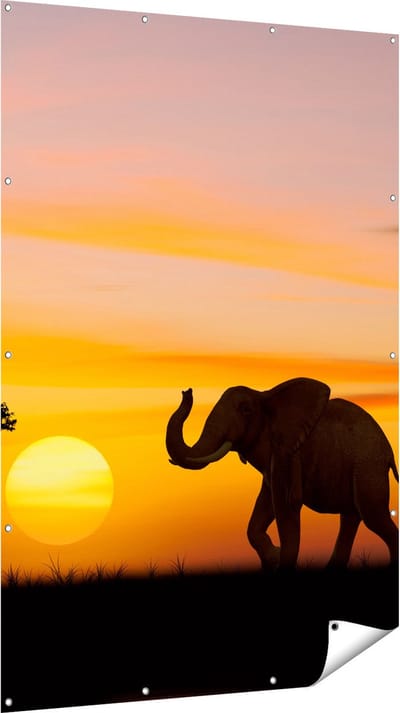 Gards Tuinposter Olifant Silhouet tijdens Zonsondergang - 120x180 cm - Tuindoek - Tuindecoratie - Wanddecoratie buiten - Tuinschilderij