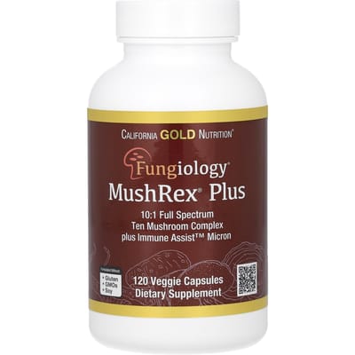 Fungiology, Mushrex Plus, Volledig Spectrum 10-Soorten Paddenstoelencomplex, Bevat Agaricus, Chaga, Cordyceps en Reishi, 120 Vegetarische Capsules