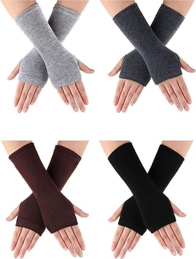 Verpakking van 4 paar - Vingerloze handschoenen van polyester - Met duimgat - Warme handschoenen met halve vingers voor dames - Warme wanten voor de winter - Unisex - Polsmouwen - Effen gebreide handschoenen - Geschikt als kerstcadeau