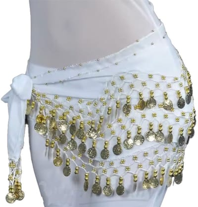 Witte Buikdansshawl - Heupsjaal met muntjes - Sjaal - Heupsjaal - Wit - Gouden Muntjes - 150CM - Heupsjaal - Wit - Gouden Muntjes - CHPN
