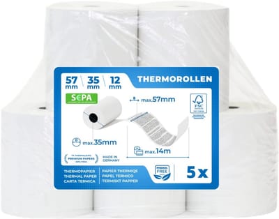 5 x EC Cash thermal rolls with debit white B: 57 mm – DM: 35 mm – core DM: 12 mm – L: 14 m all EC cash rolls thermal - ShopVlot