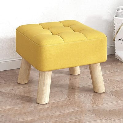Voetenbankje Linnen - Rustkruk Poef - Schoenen Wisselen - Elegante Klassieke Stijl - 30x30x26cm - Geel