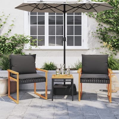 vidaXL - 3-delige - Bistroset - met - kussens - poly - rattan - en - acaciahout - zwart