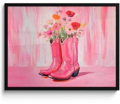 Poster in lijst - Fotolijst 70x50 cm - Posters - Roze - Bloemen - Cowboy - Posterlijst zwart - Decoratie - Wanddecoratie woonkamer - Muurdecoratie slaapkamer