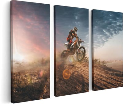 Artaza Canvas Schilderij Drieluik Motorcross Op Een Heuvel Bij Zonsondergang - 120x80 - Foto Op Canvas - Canvas Print