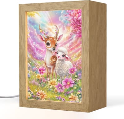 Nachtlampje 15x20 cm - Kinder lampje - Hertje - Lammetje - Bloemen - Pastel - Tafellamp kinderkamer - Slaapkamer lamp - Bedlamp kinderen - Kinderlampje stopcontact - Wandlamp babykamer - Nachtlampjes