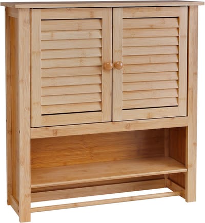 Badkamerkast hangkast met 2 Deuren - Hangende bamboe opbergkast voor badkamer - Legplank & Handdoekhouder - muurkast