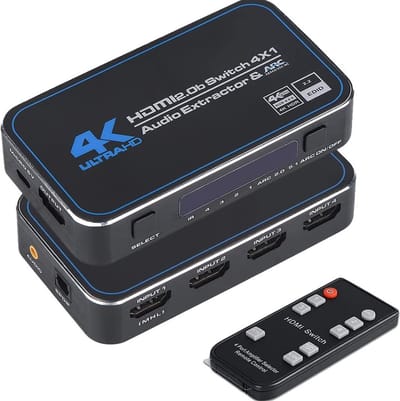 DrPhone Arc Series 4K HDMI HDR Switch 4-in-1 uit – HDR10 – HDCP 2.2 – 4K 60Hz – Afstandsbediening – 3D – Full HD 1080P – UHD – TV / PC – HDMI Switch – Audio – SPDIF – 3.5 Audio ondersteuning – Zwart