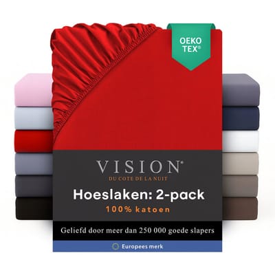 Vision - Hoeslaken - 100% katoen - 90 x 200cm verpakt per 2 stuks - Geschikt voor boxspring matras: ruime hoek van 30cm - Rood - Oekotex gecertificeerd