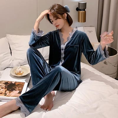 Nieuwe Cardigan Set met Lange Mouwen voor Winter Nachtkleding Dames Fluweel Satijn Nachtjurk V-Hals Zacht Lingerie Nachtkleding Dameskleding 2XL grijs