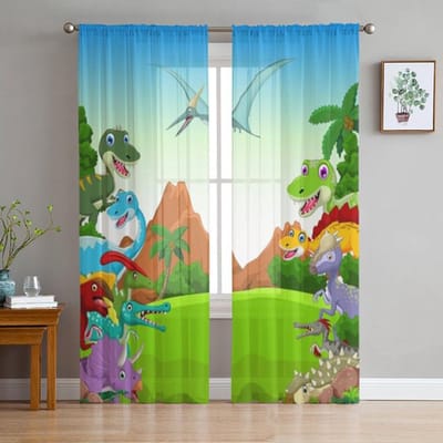 Schattige Cartoon Dinosaurus Kawaii Transparante Gordijnen Voor Meisje Kinderkamer Keuken Raam Gordijnen Gordijn Huisdecoratie 135W x 114H(cm)