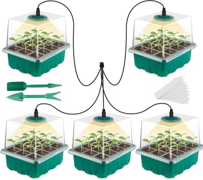 MELVRA Mini Kweekset - Kamerkweekkas - 5 Stuks - Kweekbak met Plantenverlichting - Full Spectrum LED - Kweekdoos met Deksel - Inclusief 10 Etiketten & Gereedschap