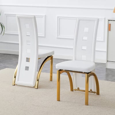 MIVRAY Eetkamerstoel Set Van 2 - Geometrische Rugleuning Met Gaatjespatroon - Voor Eetkamer En Woonkamer - Metaal En Kunstleer - Wit Goud