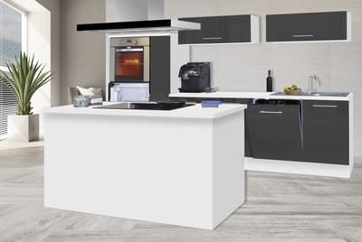 Eilandkeuken 310 cm - complete keuken met apparatuur Amanda - Wit/Grijs - soft close - keramische kookplaat - vaatwasser - afzuigkap - oven - spoelbak