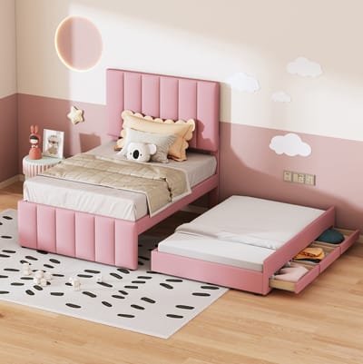 MEUNIQ Polsterbed 90 x 200 cm met uitschuifbed, 3 lades en verstelbaar hoofdbord, eenpersoons kinderbed of jeugdbed voor slaapkamer of logeerkamer, roze