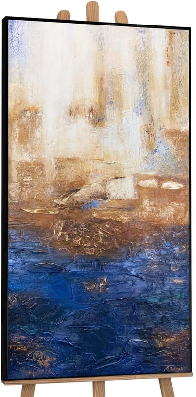 YS Schilderij "Marine II" - Handgeschilderd canvas schilderij - Wanddecoratie Maritiem - Beige en goud - Turquoise - Muurdecoratie woonkamer - Slaapkamer decoratie - Kamer accessoires - Schilderijen woonkamer - schilderij canvas