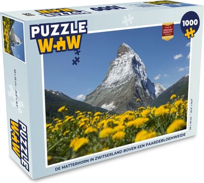 Puzzel De Matterhorn in Zwitserland boven een paardebloemweide - Legpuzzel - Puzzel 1000 stukjes volwassenen
