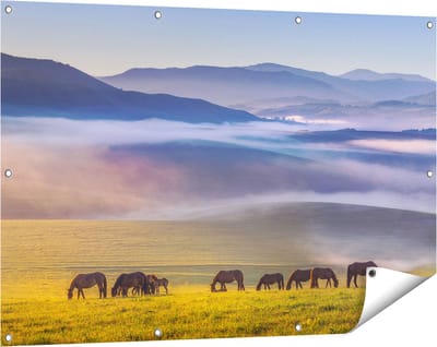 Gards Tuinposter Kudde Wilde Paarden in de Wei bij Heuvels - 120x80 cm - Tuindoek - Tuindecoratie - Wanddecoratie buiten - Tuinschilderij
