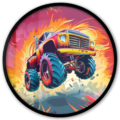 Poster in lijst Rond - Fotolijst 40x40 cm - Posters - Monstertruck - Auto - Jongens - Kleurrijk - Ronde posterlijst zwart - Decoratie - Wanddecoratie woonkamer - Muurdecoratie slaapkamer