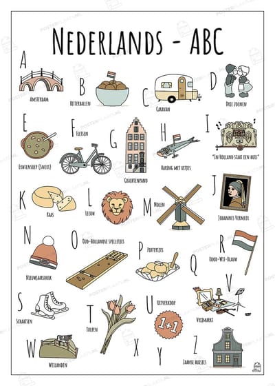 ABC Poster Nederland - 50 x 70 cm - Educatieve Letterposter met Handgetekende Illustraties - Kinderkamer & Wanddecoratie - Woondecoratie - Relatiegeschenk