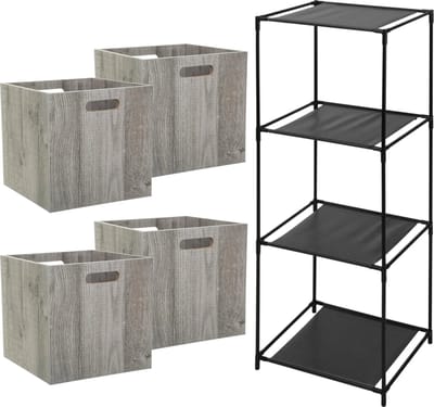 5Five Opbergrek Smartrack - met 4x mandjes stof - grijs - 34 x 98 cm