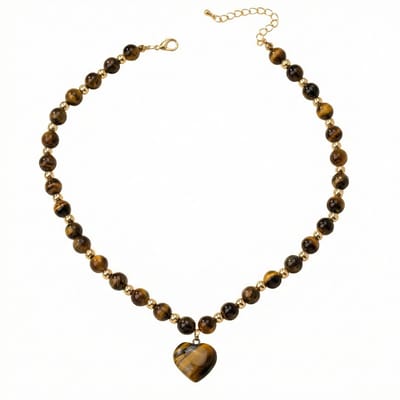Bruin-zwarte kralenketting met hartvormige hanger – ketting voor dames – kralenketting met glanzende accenten