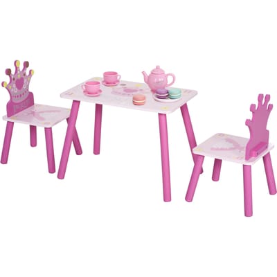 HOMCOM Tafel en 2 stoelen kind 3-delig, stevige drinkvoeten, kindertafel met stoel met kroonpatroon voor meisjes