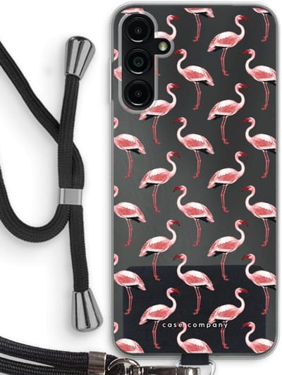 Case Company® - Hoesje met koord geschikt voor Samsung Galaxy A14 hoesje met Koord - Flamingo - Telefoonhoesje met Zwart Koord - Bescherming aan alle Kanten en Over de Schermrand