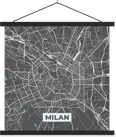 Posterhanger incl. Poster 60x60 cm - Schoolplaat - Milaan - Stadskaart - Blauw - Plattegrond - Kaart - Textielposter - Zwarte latten - Stadskaart
