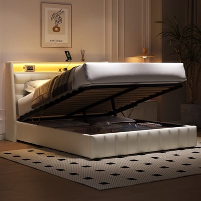 MODENUIT Gestoffeerd Bed 160x200 cm – Met Ledverlichting en Usb-Aansluiting – Opbergruimte Onder Bed – Zonder matras – Wit
