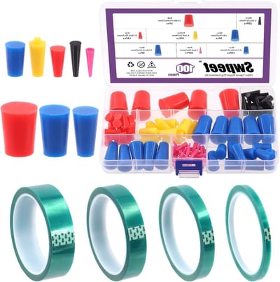 104 Stuks 36 Yards 4 Maten 1/4", 1/2", 7/10", 1" Groene Poedercoating Maskering PET Tape met Hoge Temperatuur Siliconen Rubber Beschermende Pluggen voor Schilderen en Poedercoaten