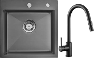 Auralum max Spoelbak voor keuken 45x45cm Antraciet - Spoelbakken Keuken Met Keukenkraan - Wasbak met waterafvoersysteem - RVS