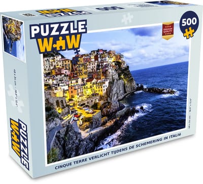 Puzzel Cinque Terre verlicht tijdens de schemering in Italië - Legpuzzel - Puzzel 500 stukjes