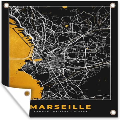 Tuin poster Stadskaart – Frankrijk – Kaart – Plattegrond - Marseille - 200x200 cm - Tuindoek