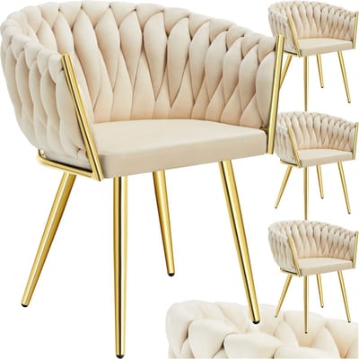 tectake® - Set van 4 Fluwelen eetkamerstoelen - Kuipstoel met armleuning in knooplook - Eetkamerstoel - Moderne eetkamerstoel voor woonkamer en eetkamer - Keukenstoel - Kaptafelstoel - Slaapkamerstoel - Diverse kleuren - Zandkleurig/Goud